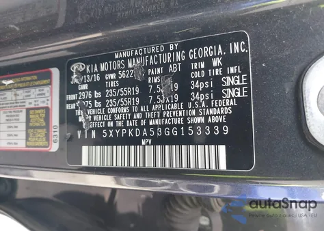 2016 Kia Sorento 3.3L Sxl z USA, uszkodzony, nr VIN 5XYPKDA53GG153339